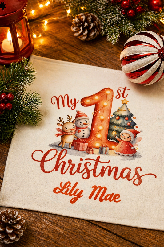 Personalised Baby's First Christmas Burp Cloth | Reindeer Snowman Elf | Name | 11.5x11.5"