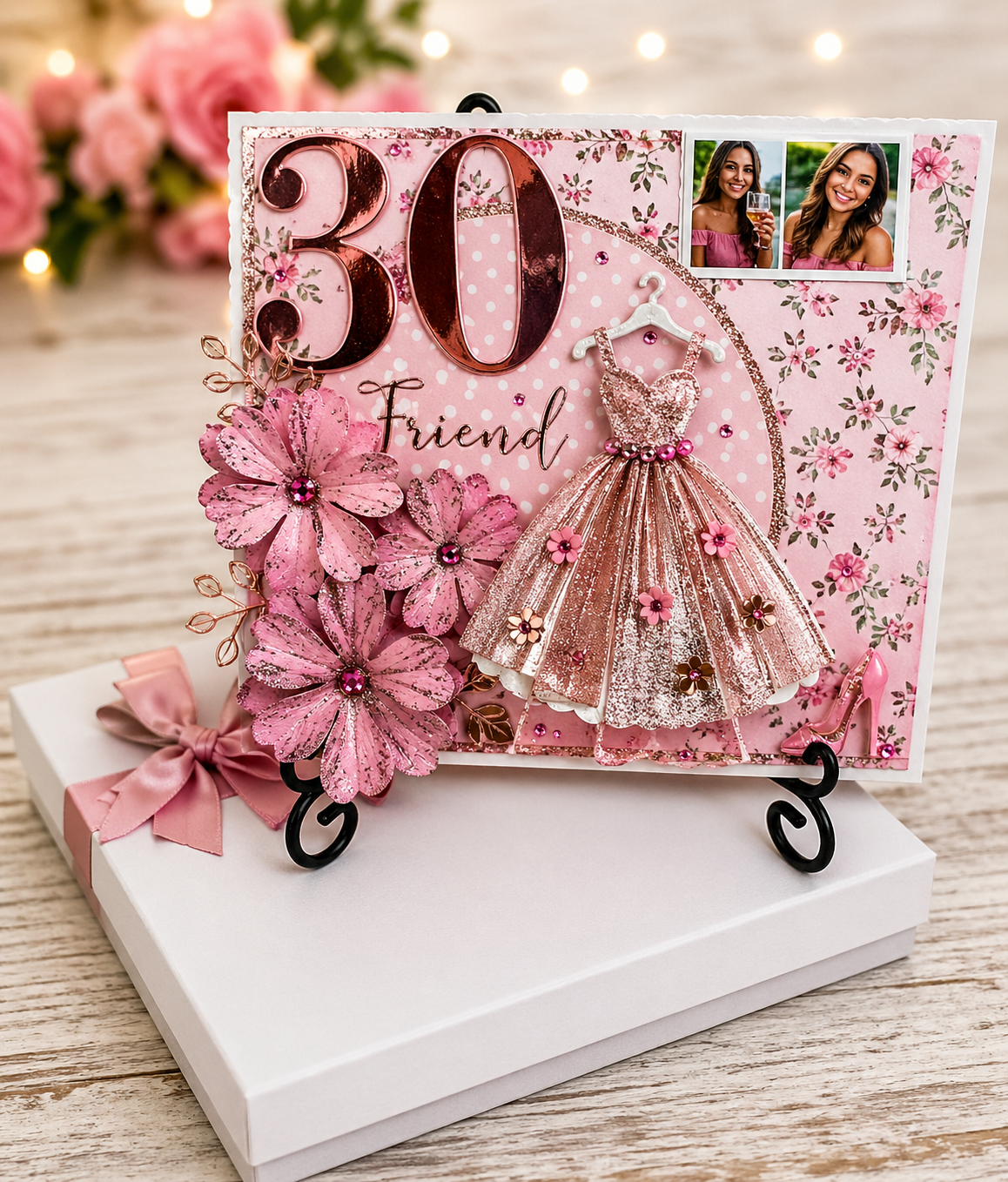 Personalised Photo 3D Luxury Boxed Birthday Card | Glitter Dress & Flowers | Any Age & Relation | Handmade 8x8