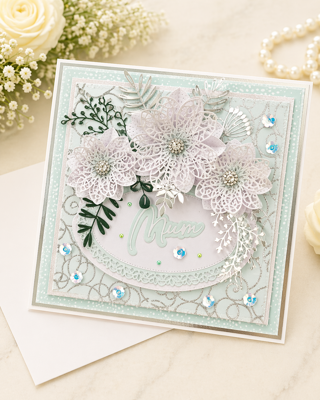 Luxury 3D Handmade Boxed Card | White Lace Poinsettias Silver Botanicals | Mum Daughter Sister | Any Relation | 8x8
