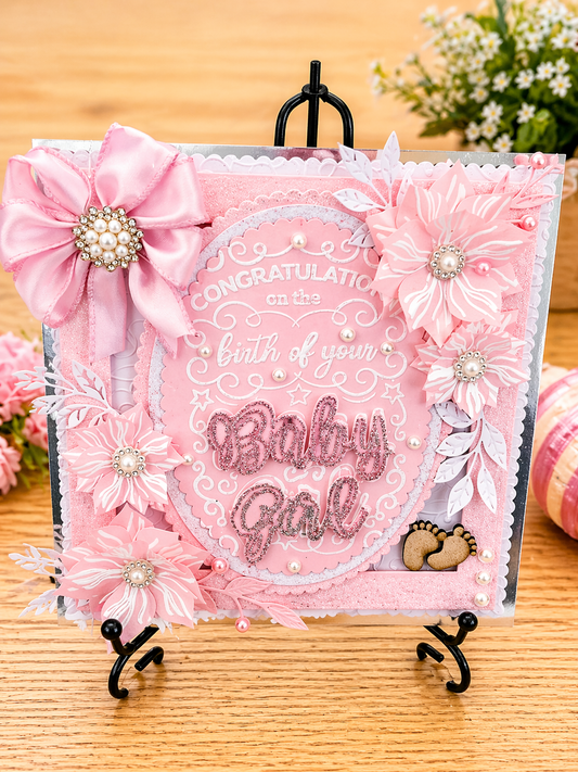 Luxury 3D Handmade Boxed New Baby Girl Card | Pink Satin Bow Poinsettias | Congratulations | 8x8
