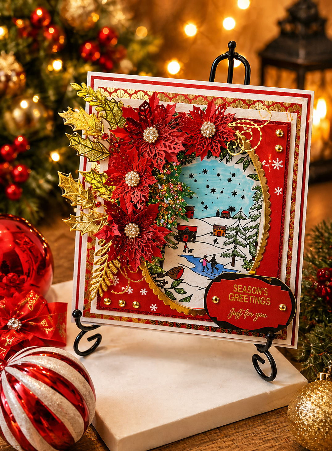 Personalised 3D Luxury Boxed Christmas Card | Poinsettia Winter Scene | Any Relation | Handmade 8x8