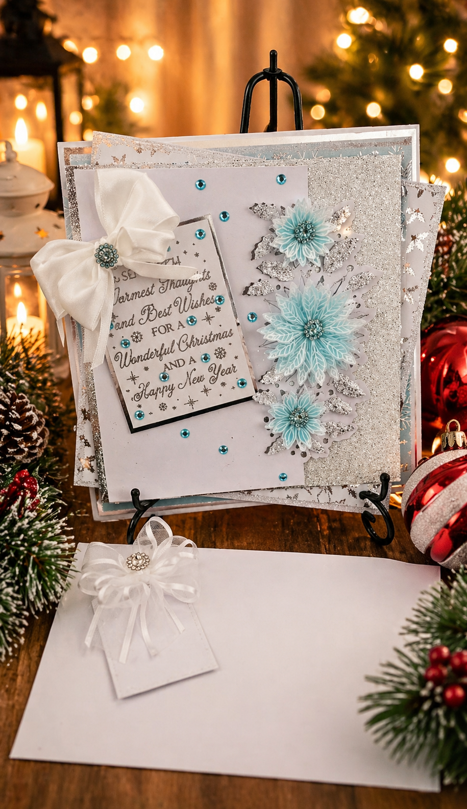Personalised 3D Luxury Boxed Christmas Card | Ice Blue Poinsettias Silver Glitter | Any Relation | Handmade 8x8