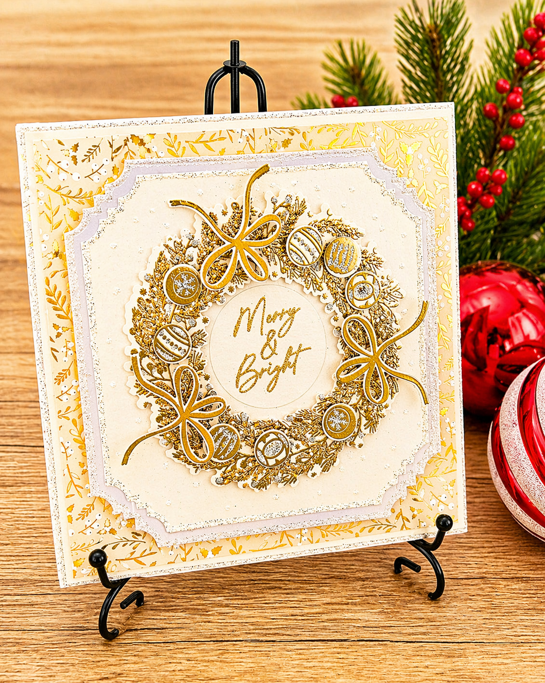 Personalised 3D Luxury Boxed Christmas Card | Gold Glitter Wreath Merry & Bright | Any Relation | Handmade 8x8