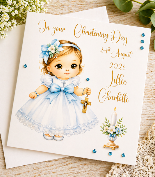 Personalised Little Girl Christening Card. Customised Name Date And Venue
