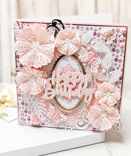 Luxury 3D Handmade Boxed Birthday Card | Blush Pink Floral Blooms Silver Glitter Leaves | Happy Birthday | Wife Sister Friend | 8x8