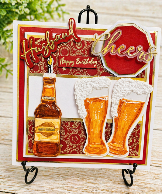 Personalised 3D Luxury Boxed Birthday Card | Beer Bottle Pint Glasses Cheers | Husband Dad Brother | Any Relation | 8x8