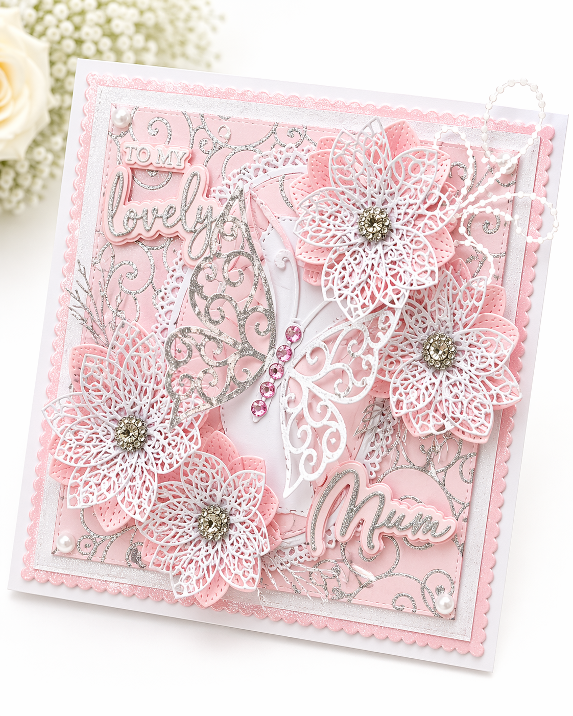 Luxury 3D Handmade Boxed Card | Pink Silver Lace Butterfly White Filigree Flowers | To My Lovely | Mum Daughter Sister | Any Relation | 8x8