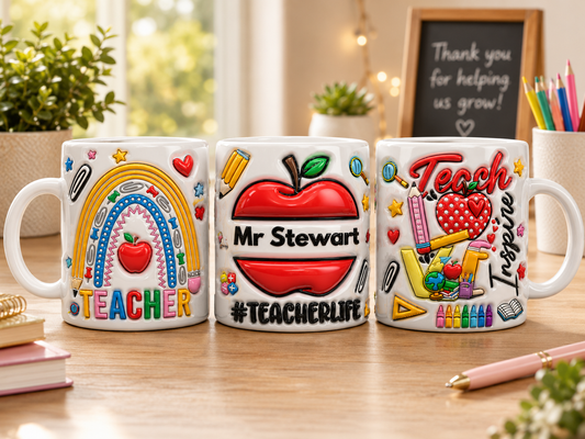 Personalised Teacher Mug | Rainbow Apple #TeacherLife Teach Inspire | 3D Inflated Design | Any Name | 11oz