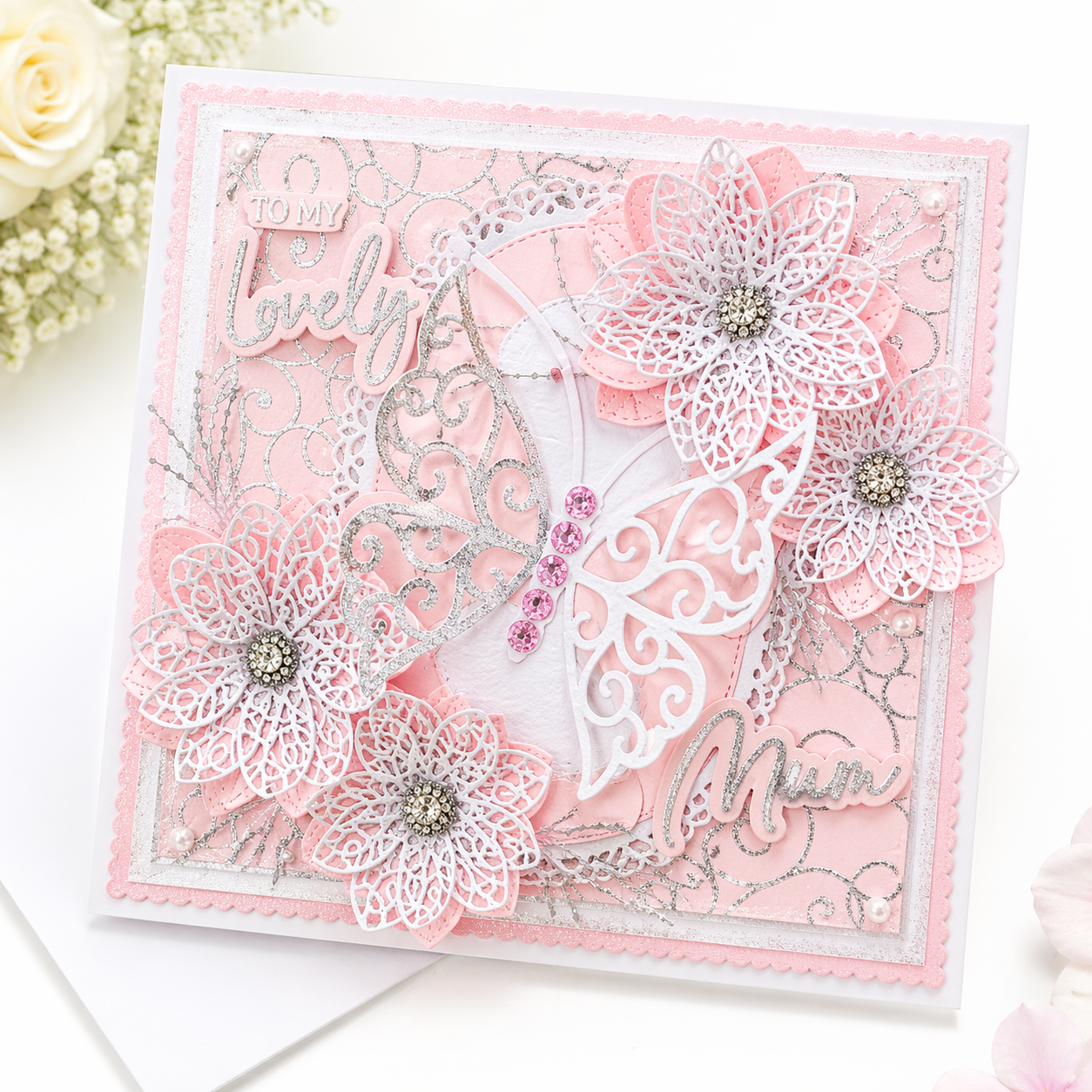 Luxury 3D Handmade Boxed Card | Pink Silver Lace Butterfly White Filigree Flowers | To My Lovely | Mum Daughter Sister | Any Relation | 8x8