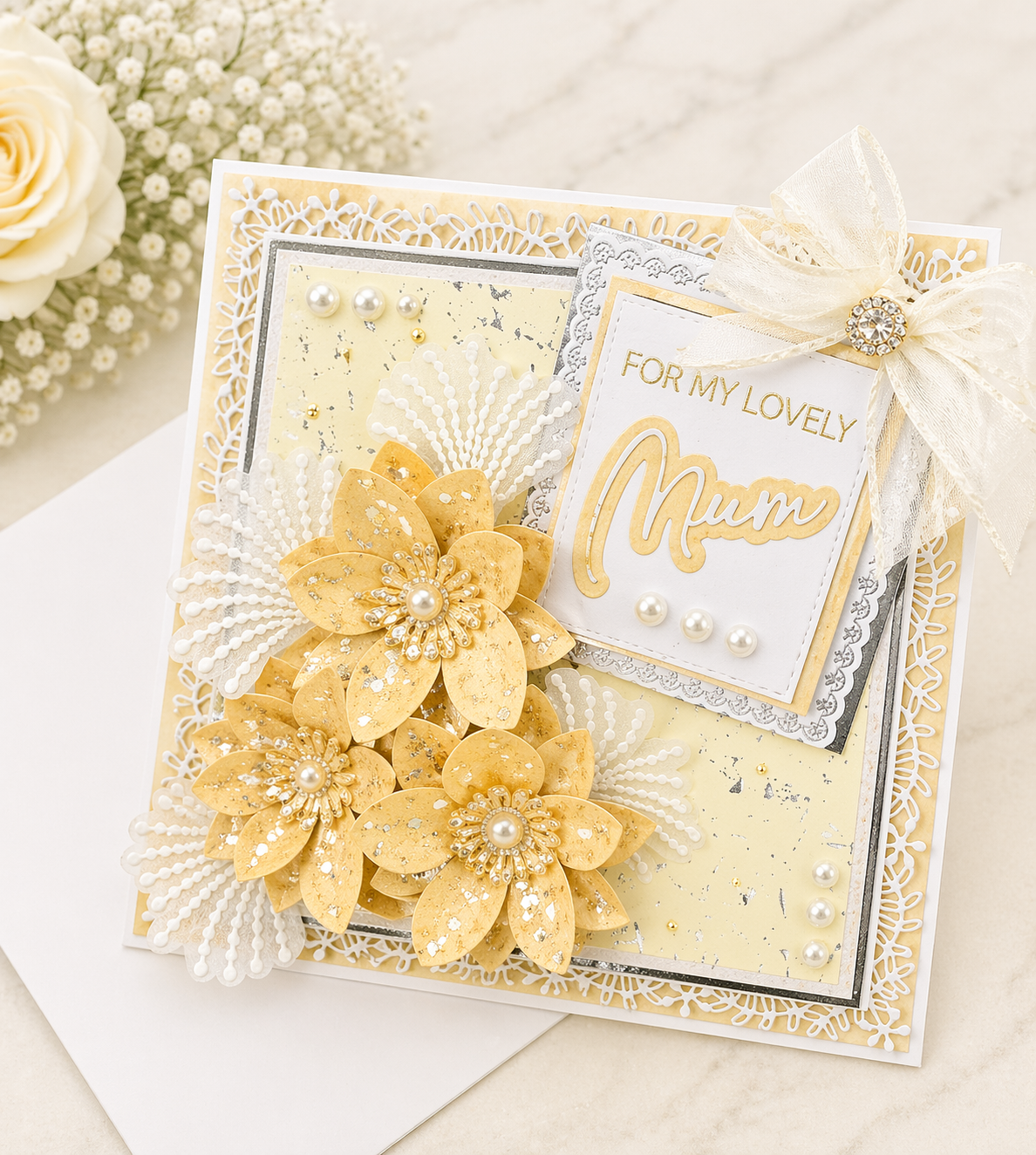 Luxury 3D Handmade Boxed Card | Gold Glitter Daisies White Lace | For My Lovely | Mum Daughter Sister | Any Relation | 8x8