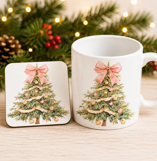 Personalised Beautiful Christmas Tree Mug and Coaster Set