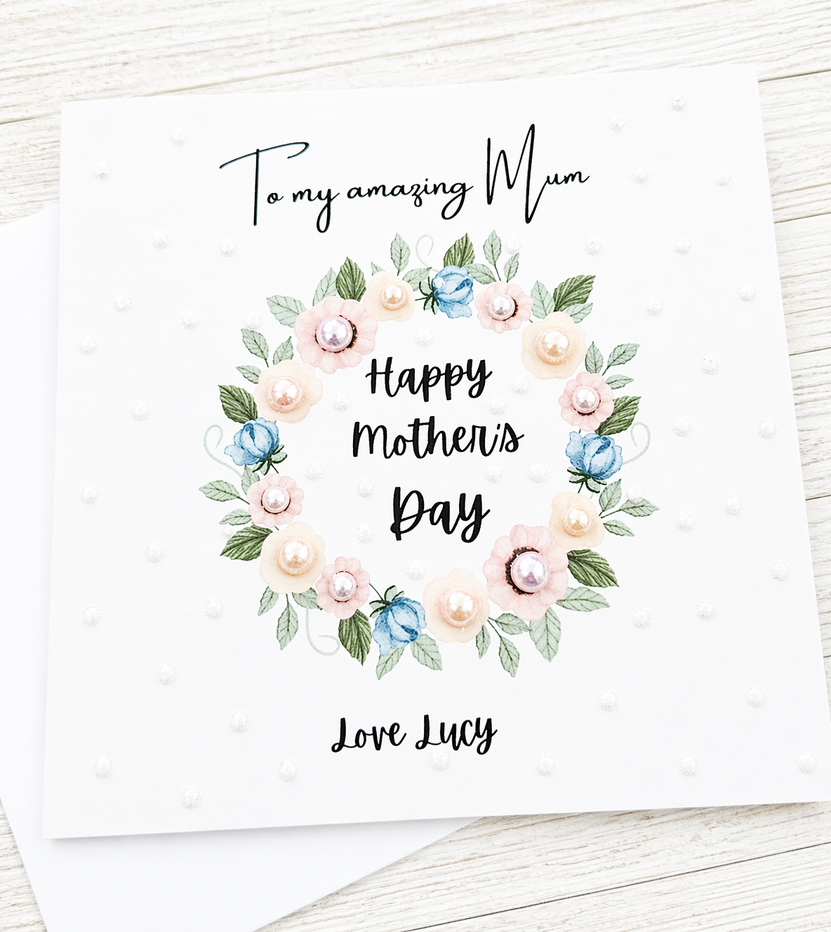 Personalised Mother's Day 6x6 Printed Card With Pearls  From Daughter Or Son.