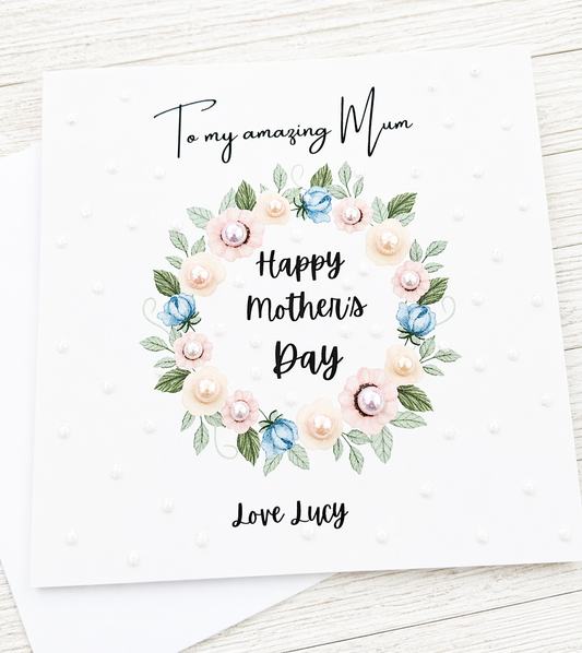 Personalised Mother's Day 6x6 Printed Card With Pearls  From Daughter Or Son.