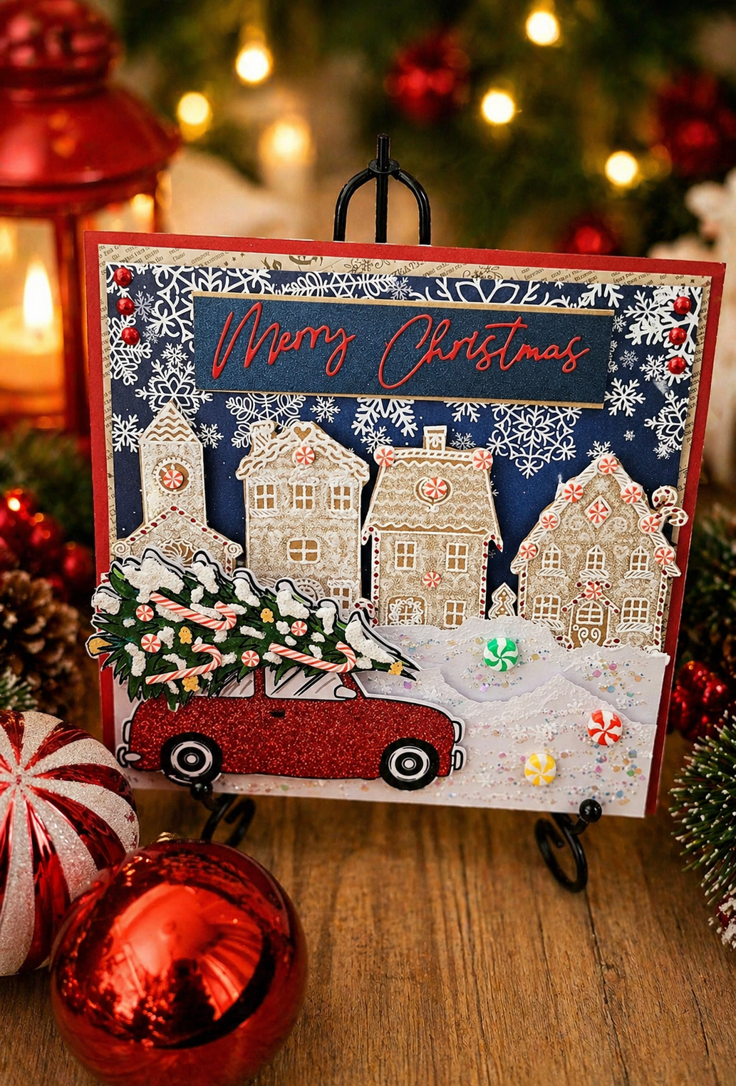 Personalised 3D Luxury Boxed Christmas Card | Driving Home For Christmas | Red Glitter Car Gingerbread Village | Handmade 8x8