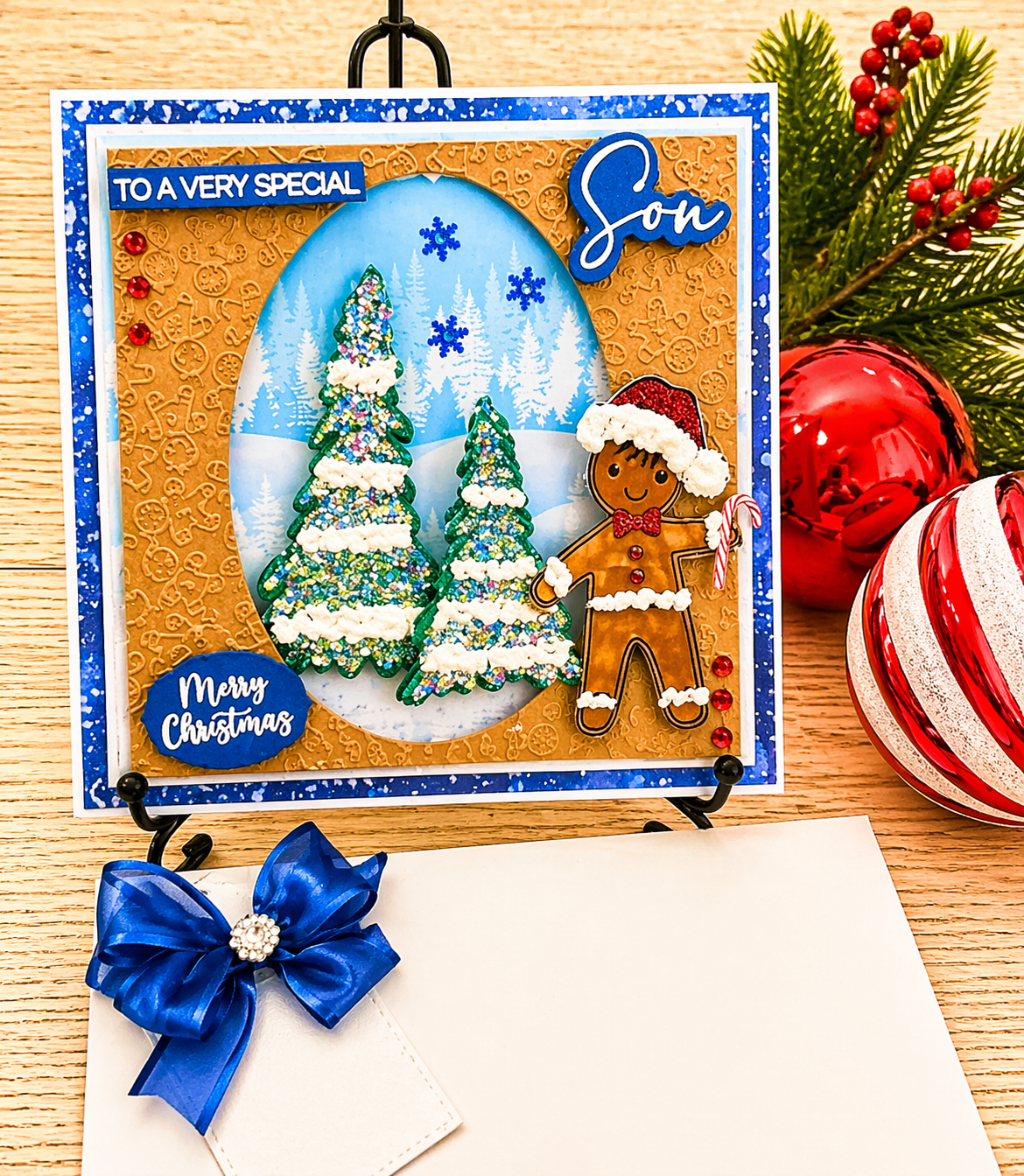 Personalised 3D Luxury Boxed Christmas Card | Gingerbread Boy Glitter Trees | Son Brother Grandson | Handmade 8x8