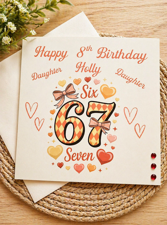 Personalised Six Seven Birthday Card | Girls | Any Name Age & Relation | Hearts & Bows Design