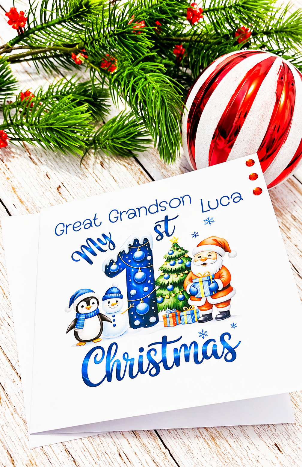 Personalised Great Grandson My 1st Christmas Card | Santa Penguin Snowman | Name | 6x6