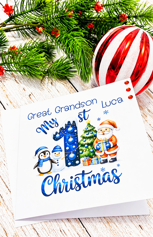 Personalised Great Grandson My 1st Christmas Card | Santa Penguin Snowman | Name | 6x6