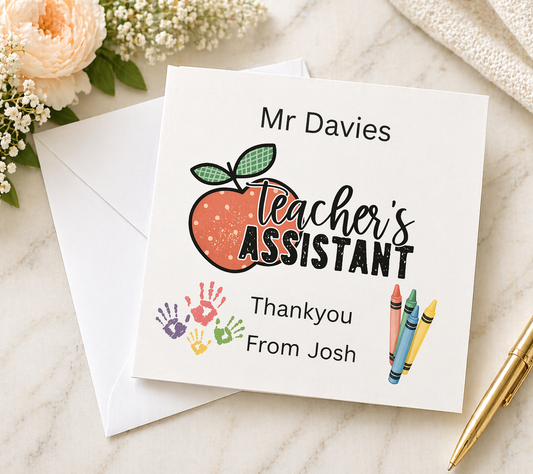 Personalised Teacher's Assistant Card | Apple Crayons Handprints | TA Name & Child's Name | 6x6