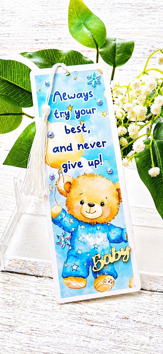 Personalised Glossy Double Sided Laminated Baby Teddy Bear Bookmark Present