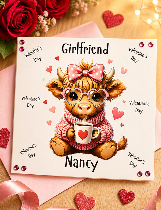 Personalised Girlfriend Valentine's Day Card | Highland Cow Heart Glasses | 6x6