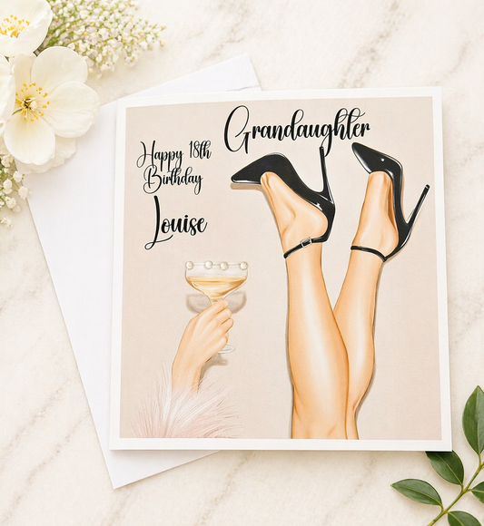 Personalised 18th Birthday Card | Champagne Stilettos Feather Boa | Any Relation & Name | 6x6