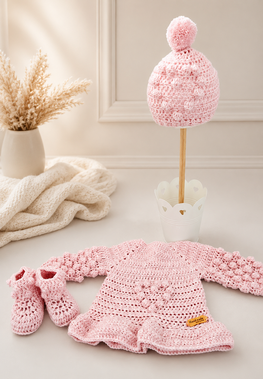 Handmade Crochet Heart Tunic with Booties and Hat