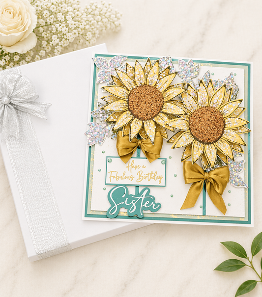 Luxury 3D Handmade Boxed Birthday Card | Sunflowers Gold Satin Bows | Sister Mum Daughter | Any Relation | 8x8