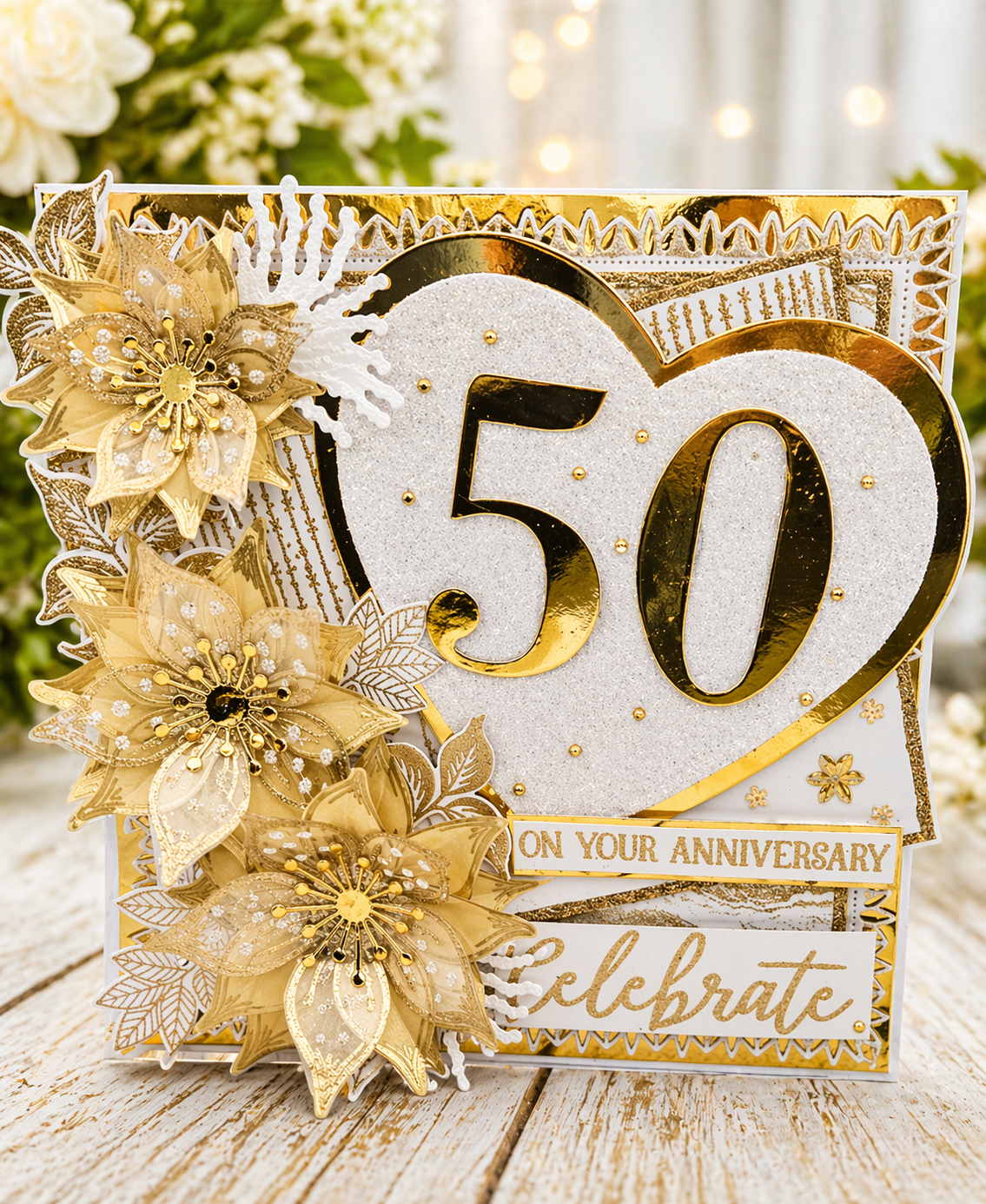 Luxury 3D Handmade Boxed Golden Wedding Anniversary Card | 50th | White Glitter Heart Gold Organza Flowers | 8x8