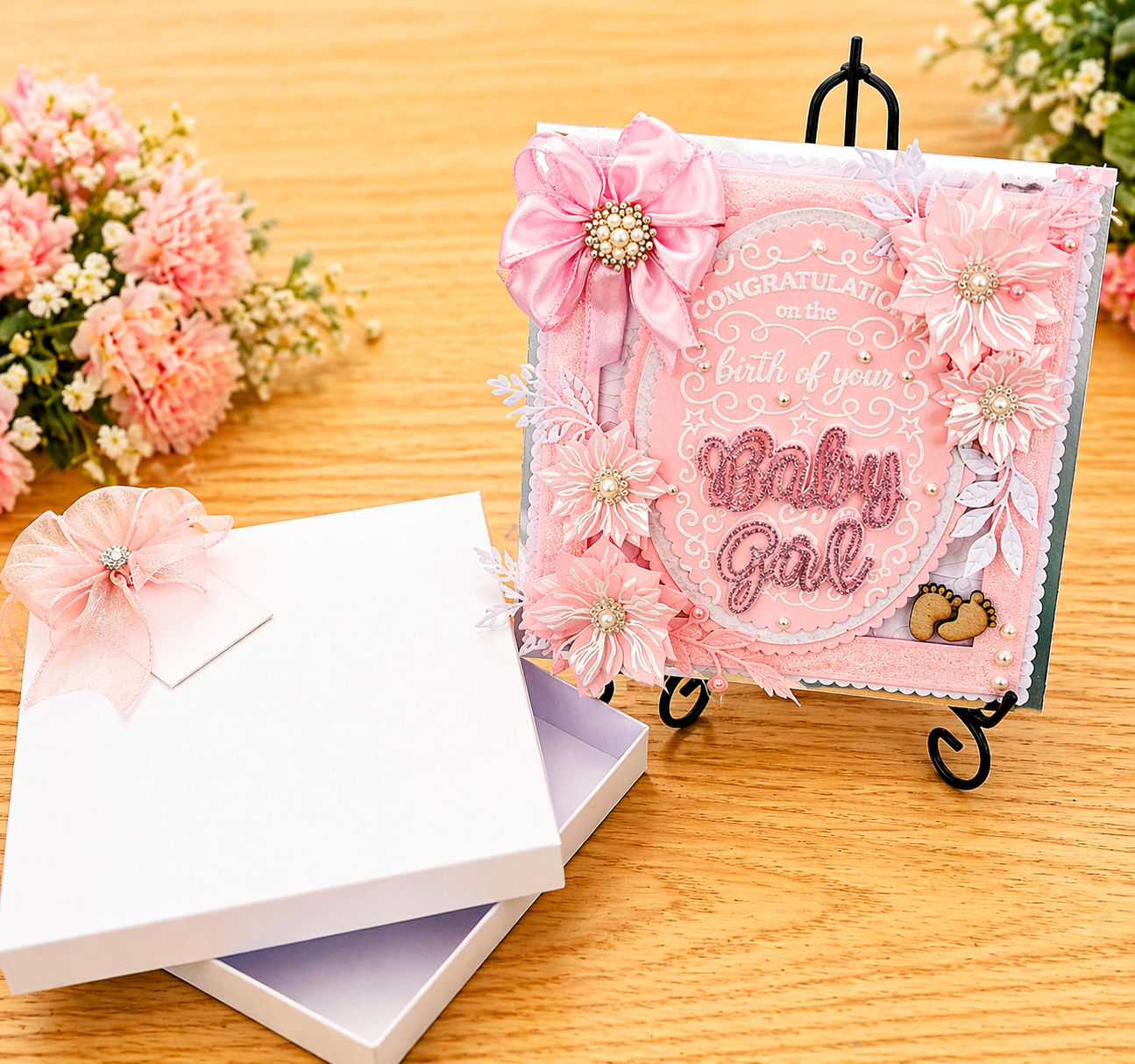 Luxury 3D Handmade Boxed New Baby Girl Card | Pink Satin Bow Poinsettias | Congratulations | 8x8