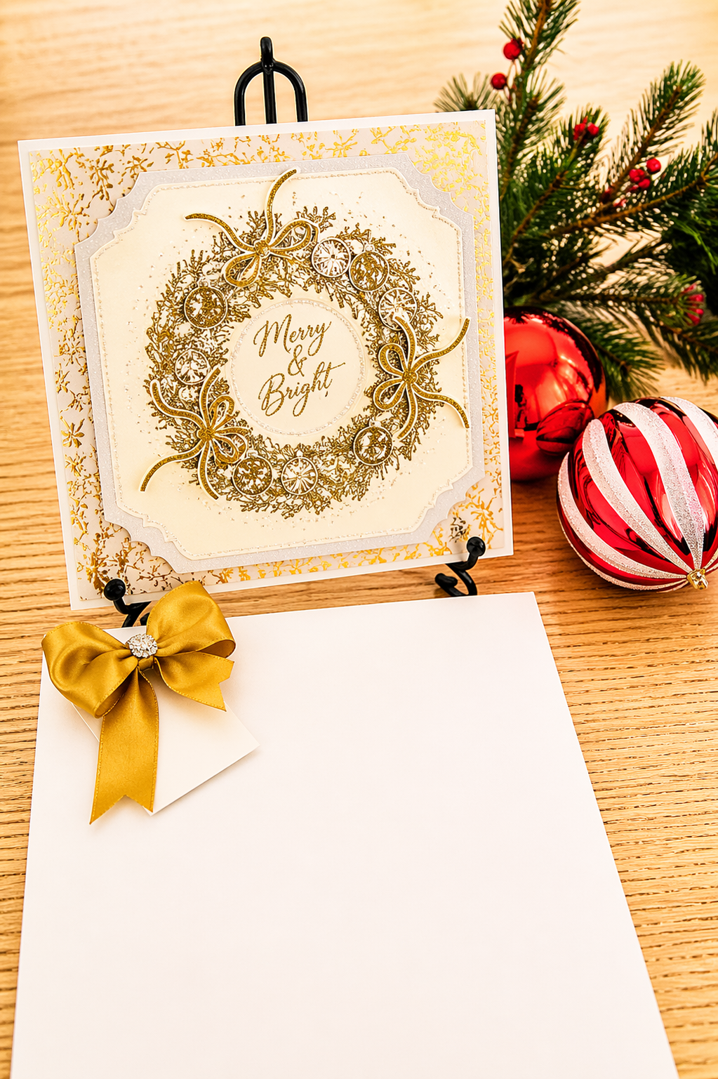 Personalised 3D Luxury Boxed Christmas Card | Gold Glitter Wreath Merry & Bright | Any Relation | Handmade 8x8