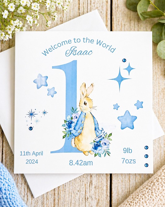 Personalised Welcome To The World Baby Boy Card | Peter Rabbit | Name Date Time & Weight
