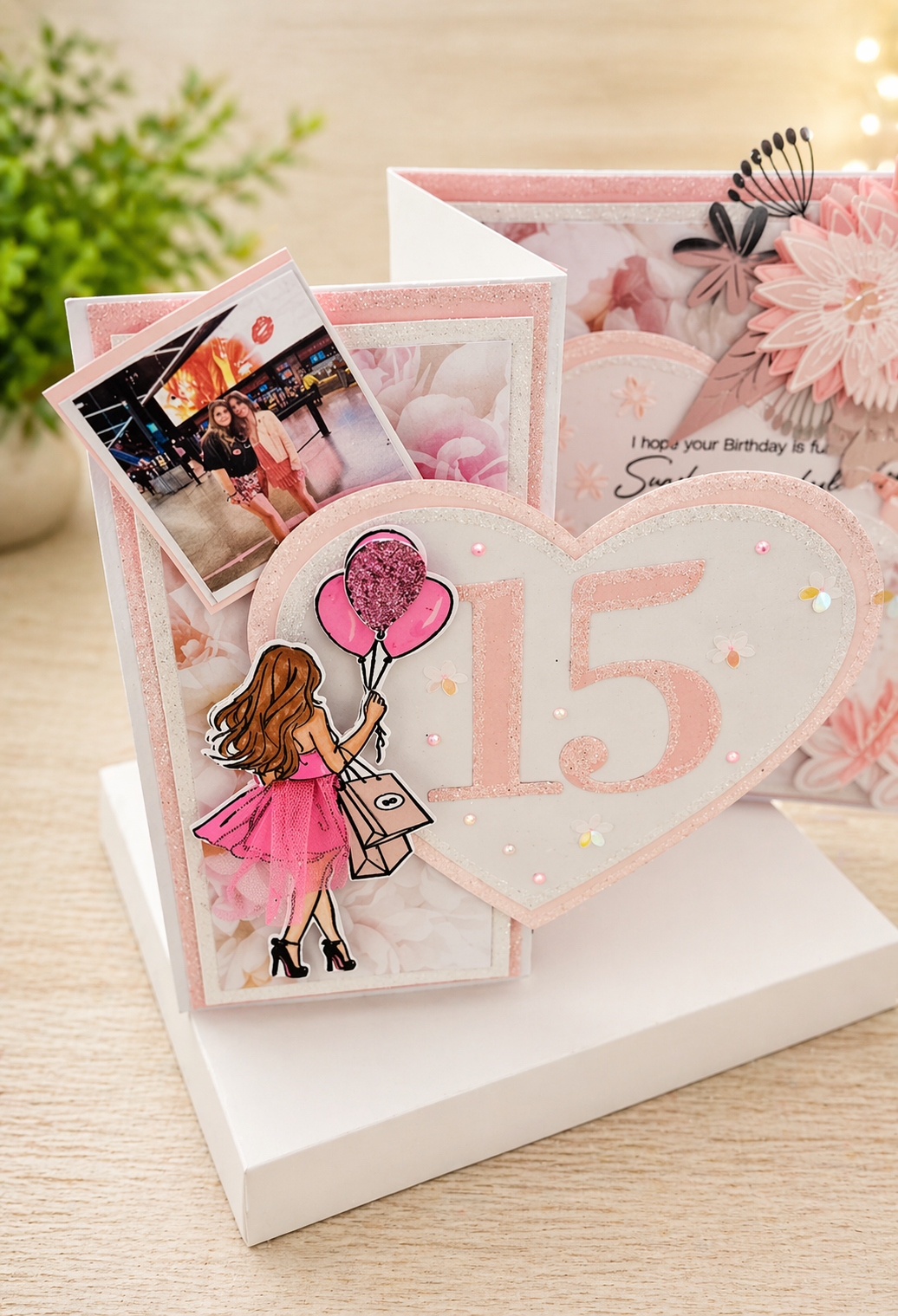 Personalised 3D Luxury Gatefold Birthday Card | Pink Heart Sunflowers Photo Pocket | Daughter Sister | Any Relation & Age | 8x8