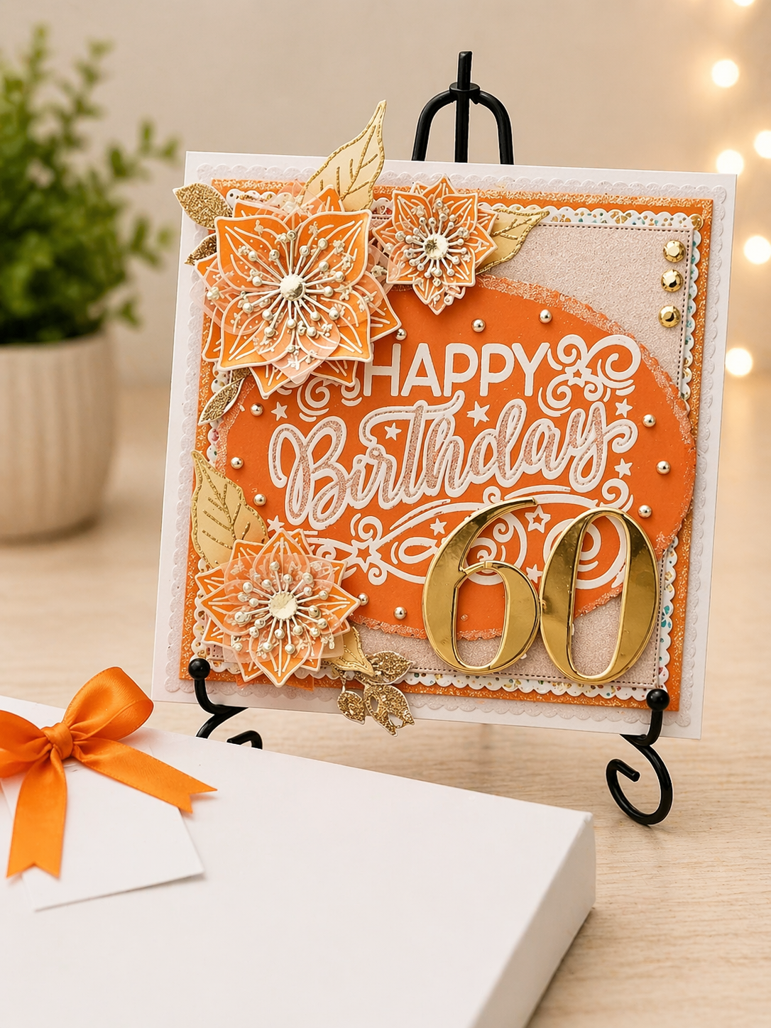 Personalised 3D Luxury Boxed Birthday Card | Orange Gold Poinsettias Mirror 60 | Any Age Any Relation | Handmade 8x8