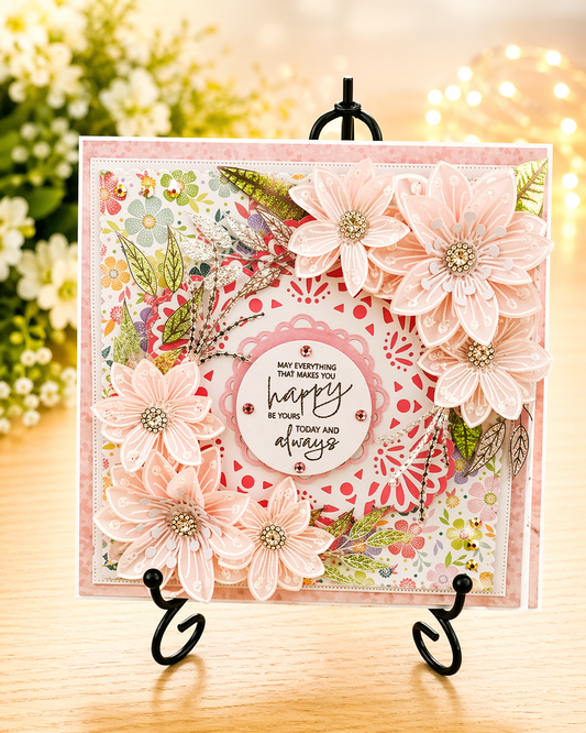 Luxury 3D Handmade Boxed Birthday Card | Blush Pink Daisy Blooms Holographic Leaves | Any Relation | 8x8