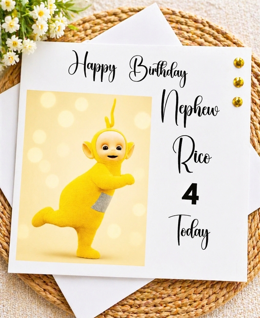 Personalized LA LA Teletubbies Birthday Card Custom Name And Relation And Age.