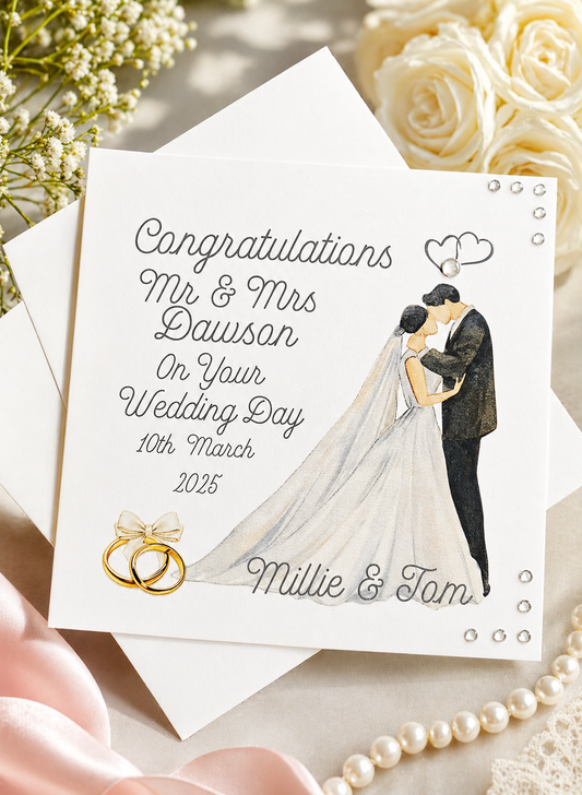 Personalised Wedding Day Card | Mr & Mrs Surname Date & Names | Bride & Groom Illustration