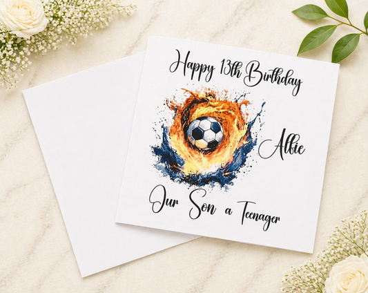Personalised Football Birthday Card | Fire Water Explosion | Any Age Name & Message | Son Grandson Nephew | 6x6