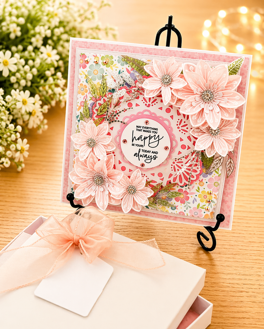 Luxury 3D Handmade Boxed Birthday Card | Blush Pink Daisy Blooms Holographic Leaves | Any Relation | 8x8