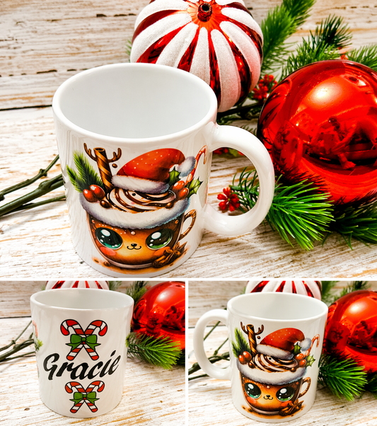 Personalised Christmas Mug 11oz | Kawaii Reindeer Hot Chocolate | Name on Back | Any Name
