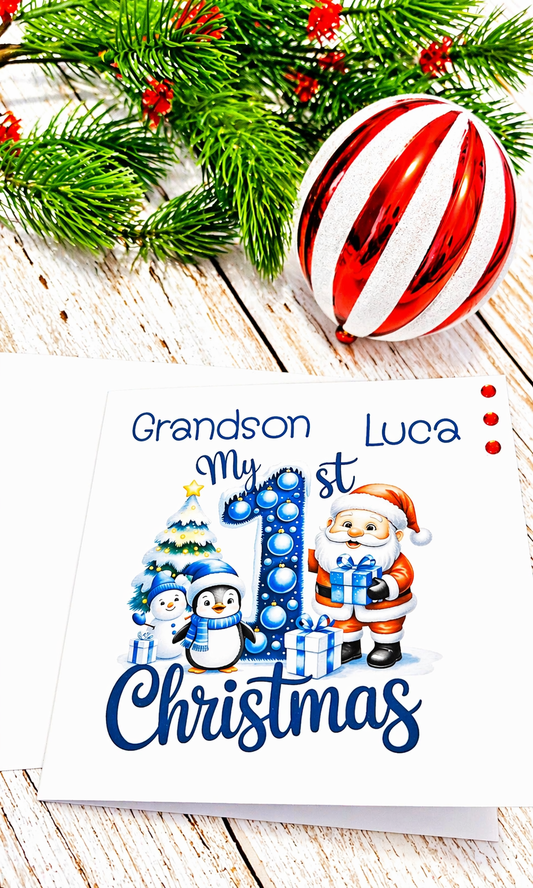 Personalised Grandson My 1st Christmas Card | Santa Penguin Snowman | Name | 6x6