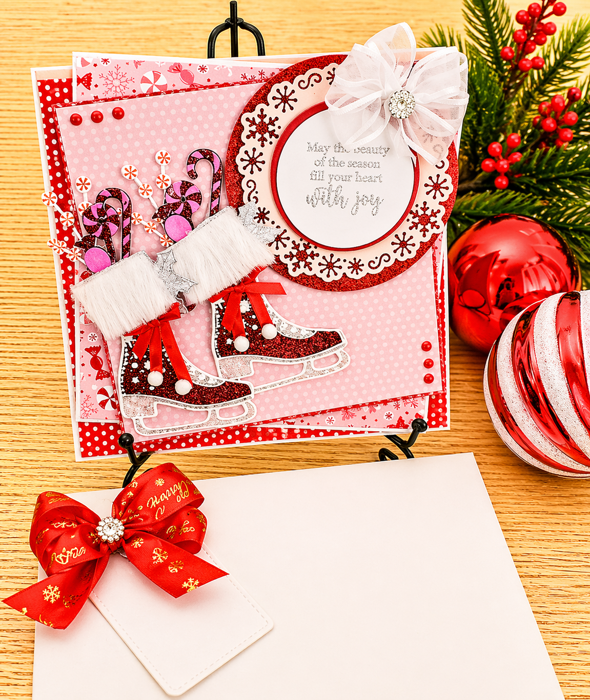 Personalised 3D Luxury Boxed Christmas Card | Red Glitter Ice Skates Candy Canes | Any Relation | Handmade 8x8