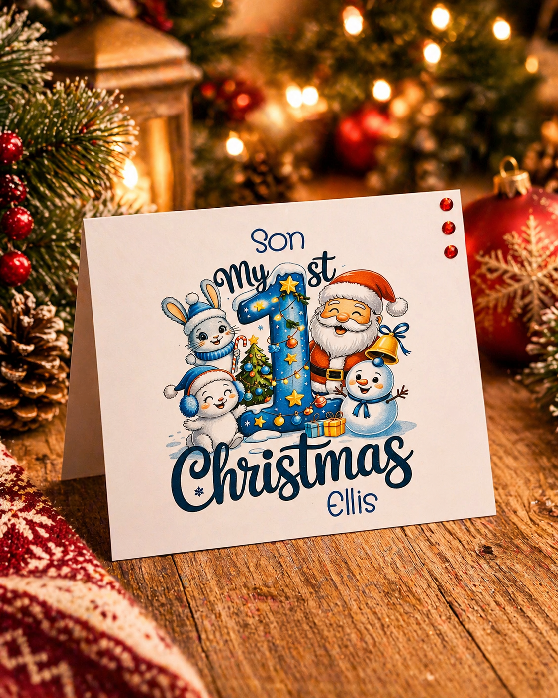 Personalised Son My 1st Christmas Card | Bunny Santa Snowman | Name | 6x6