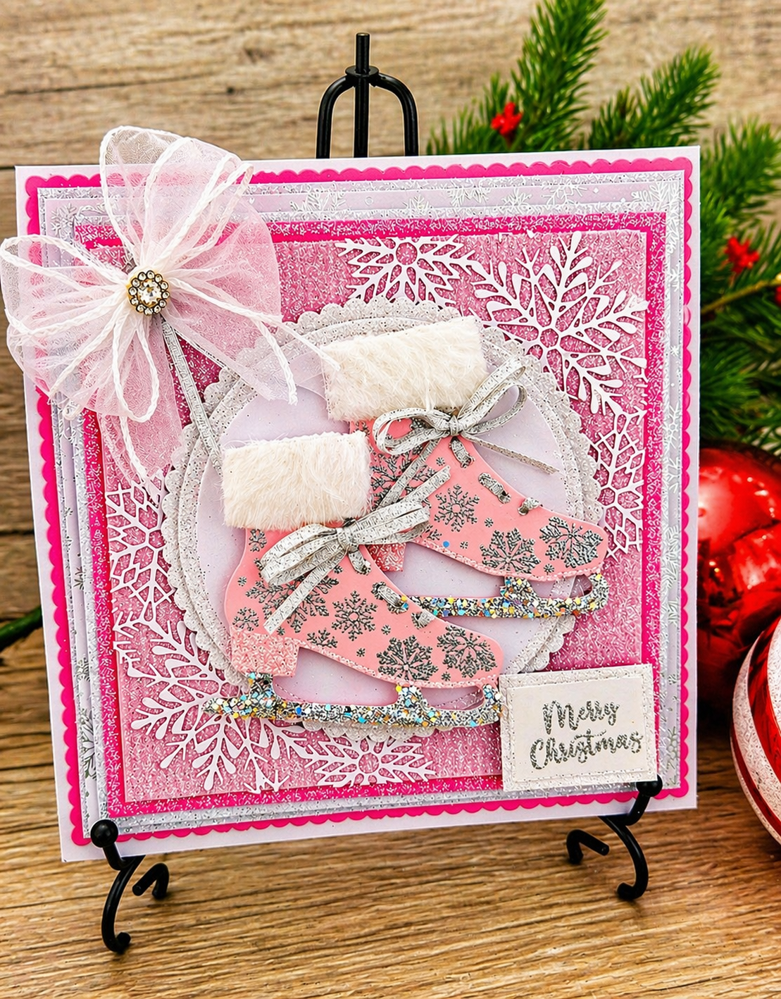 Personalised 3D Luxury Boxed Christmas Card | Pink Glitter Ice Skate | Any Relation | Handmade 8x8