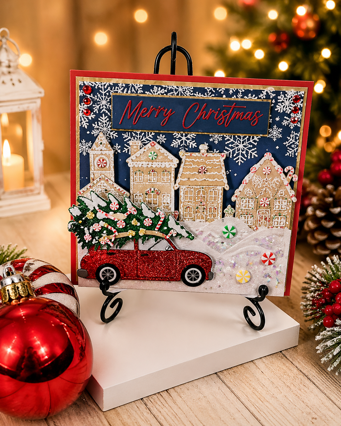Personalised 3D Luxury Boxed Christmas Card | Driving Home For Christmas | Red Glitter Car Gingerbread Village | Handmade 8x8