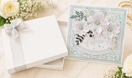 Luxury 3D Handmade Boxed Card | White Lace Poinsettias Silver Botanicals | Mum Daughter Sister | Any Relation | 8x8