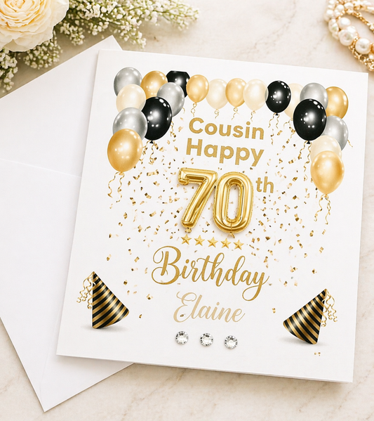 Personalised 70th Birthday Card | Black Gold Balloon Arch | Any Relation & Name | 6x6