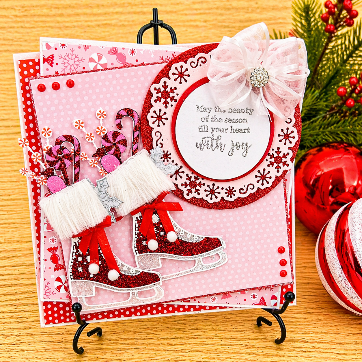 Personalised 3D Luxury Boxed Christmas Card | Red Glitter Ice Skates Candy Canes | Any Relation | Handmade 8x8