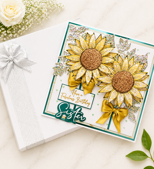 Luxury 3D Handmade Boxed Birthday Card | Sunflowers Gold Satin Bows | Sister Mum Daughter | Any Relation | 8x8