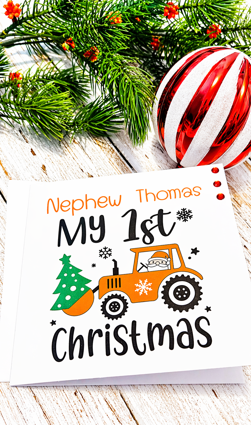 Personalised Nephew My 1st Christmas Card | Santa Tractor Christmas Tree | Name | 6x6